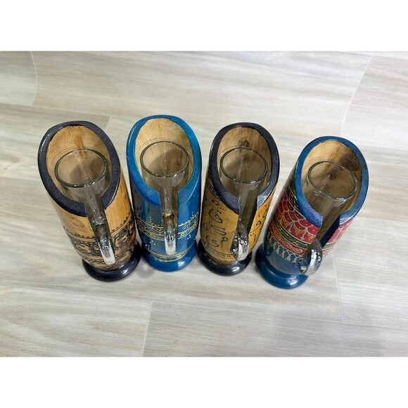 Handmade North Africa Olive Wood 4 Shot Mugs Hand Crafted Glass Mugs Colorful - Picture 5 of 10